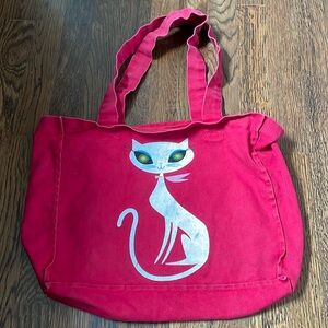 Vintage Fine brand 100% cotton red tote bag with stylized white cat design
